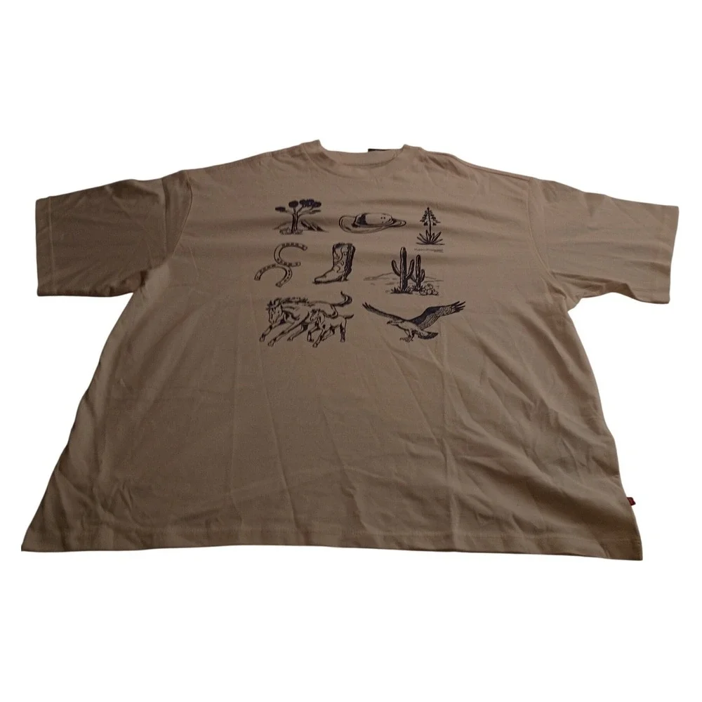 Levis Men's Western Graphic TShirt Cream Blue Cowboy Boot Cactus Eagle Small NWT